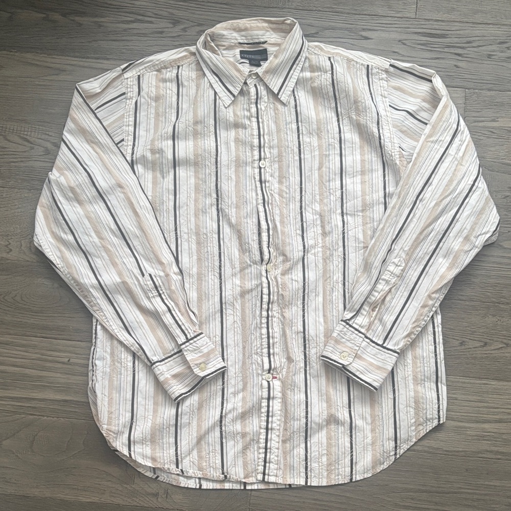 Guess | Beige White Striped Embroidered Floral Design Y2K Button Down Shirt XL
